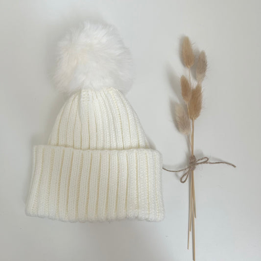 Baby Pom Pom Knit Hat - 'White'