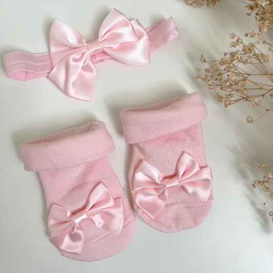 Satin Bow Socks and Headband Set - 'Baby Pink'