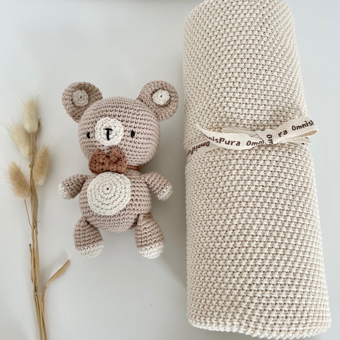 Neutral Baby Blanket Set with Teddy Bear Toy