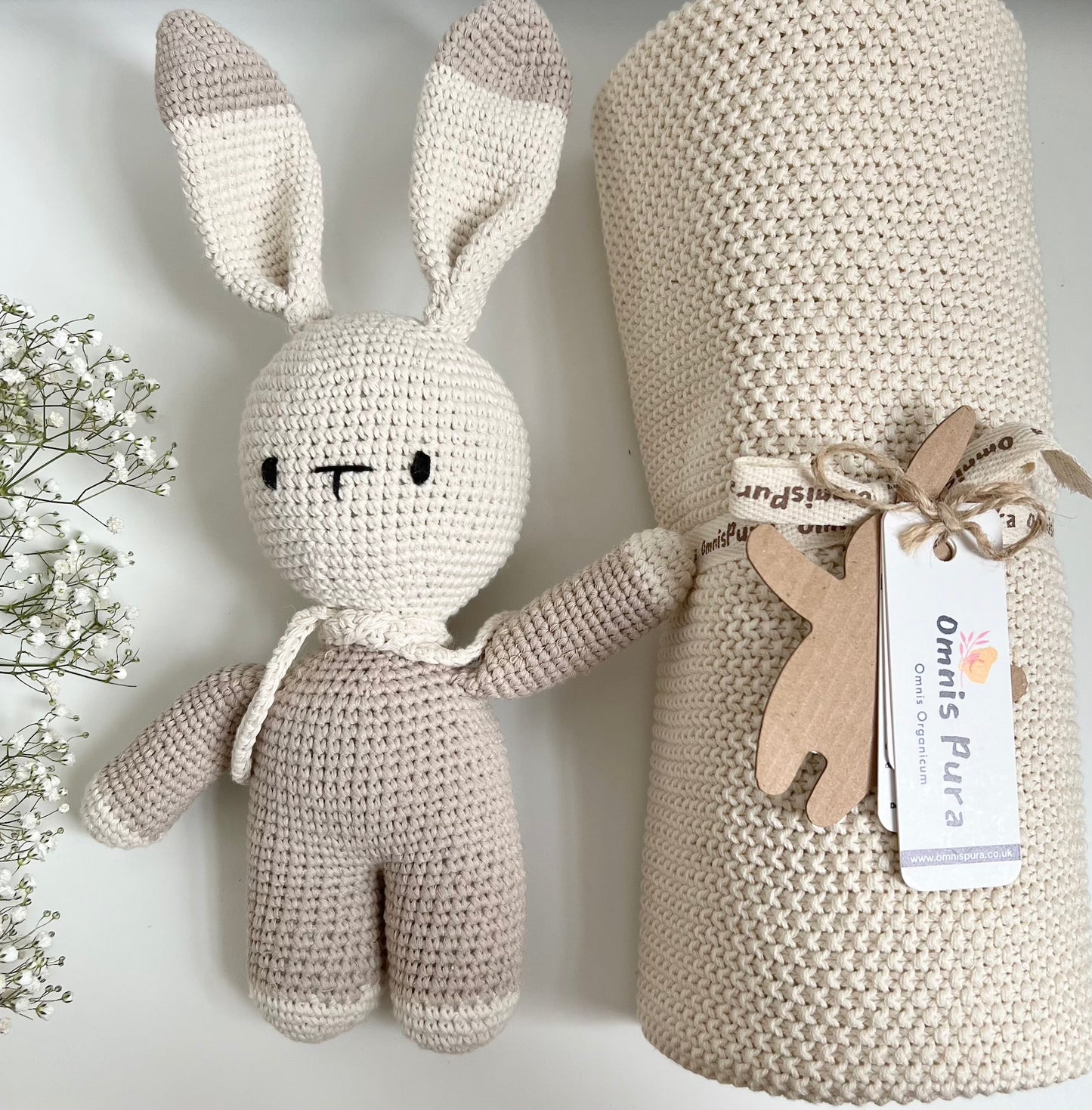 Organic Knitted Blanket and Bunny Crochet - Neutral