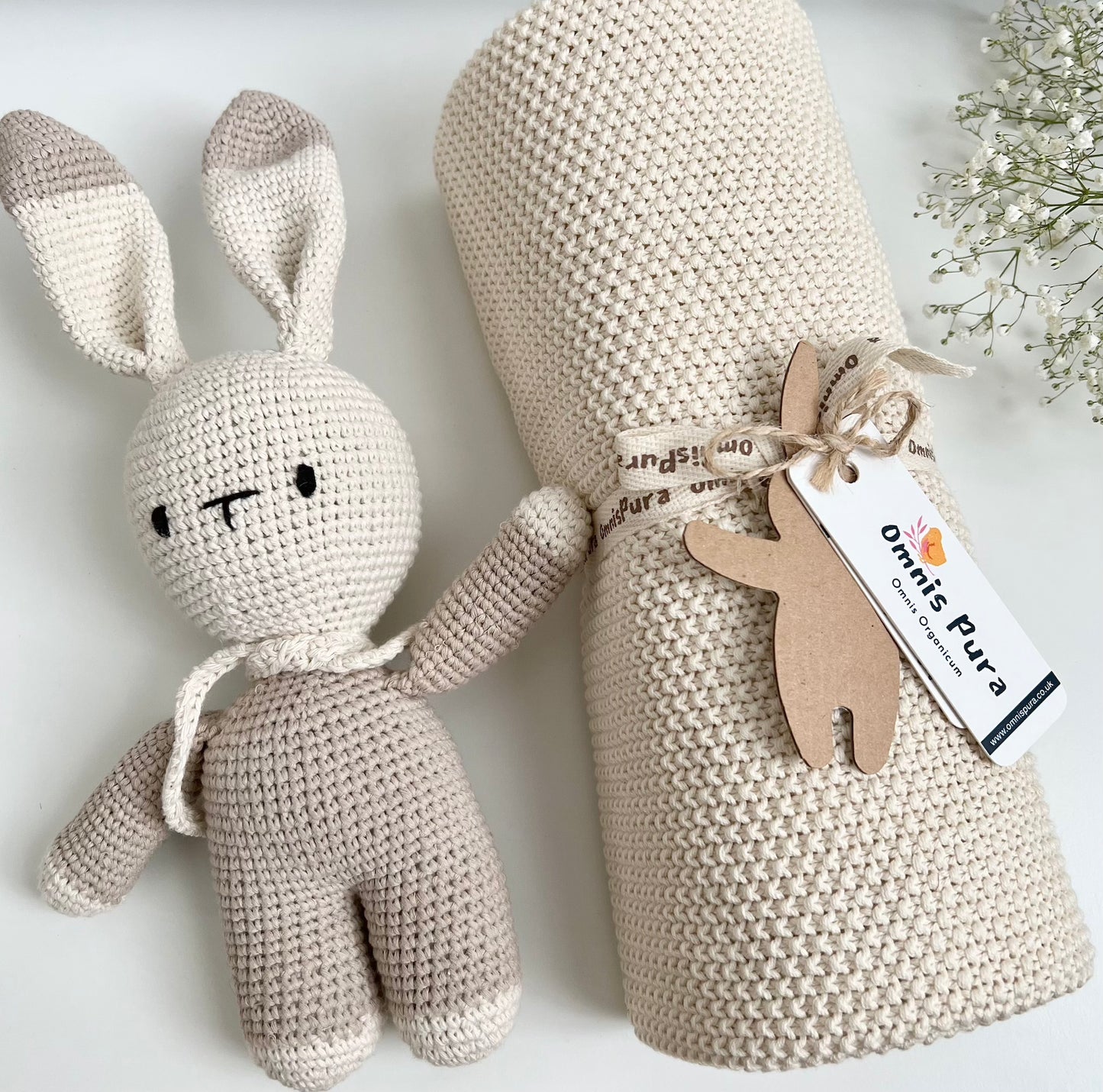 Organic Knitted Blanket and Bunny Crochet - Neutral